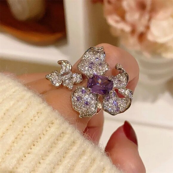 NWT Statement Ring Orchid Flower S925 Sterling Silver CZ Open Adjustable - Picture 10 of 13